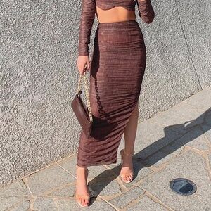 House of CB 'Laverne' Chocolate Print Ruched Maxi Skirt